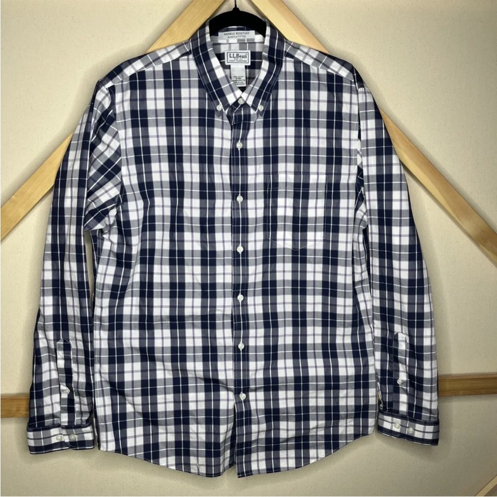 L.L. Bean Oxford Blue & White Check Sz M Men Long Sleeve Button Down Dress Shirt